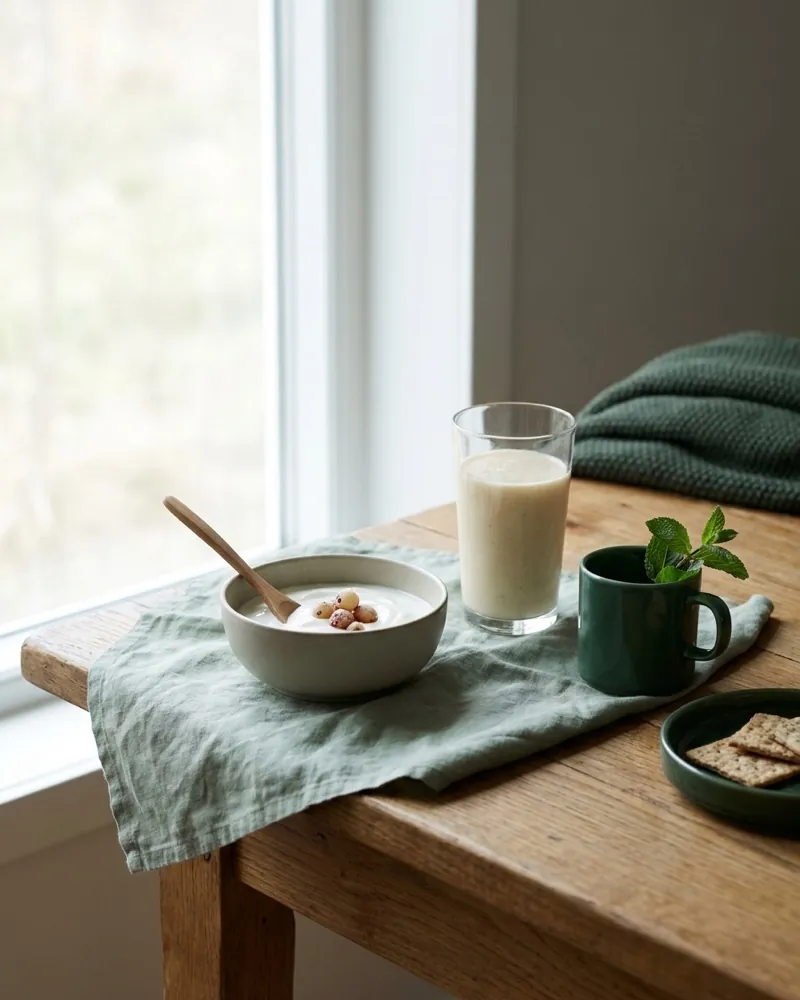 Gentle soft foods: yoghurt and a smoothie on a table