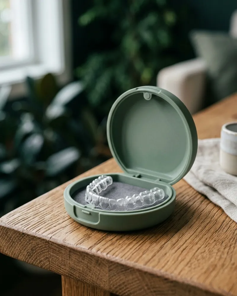 A clear aligner resting in its open case