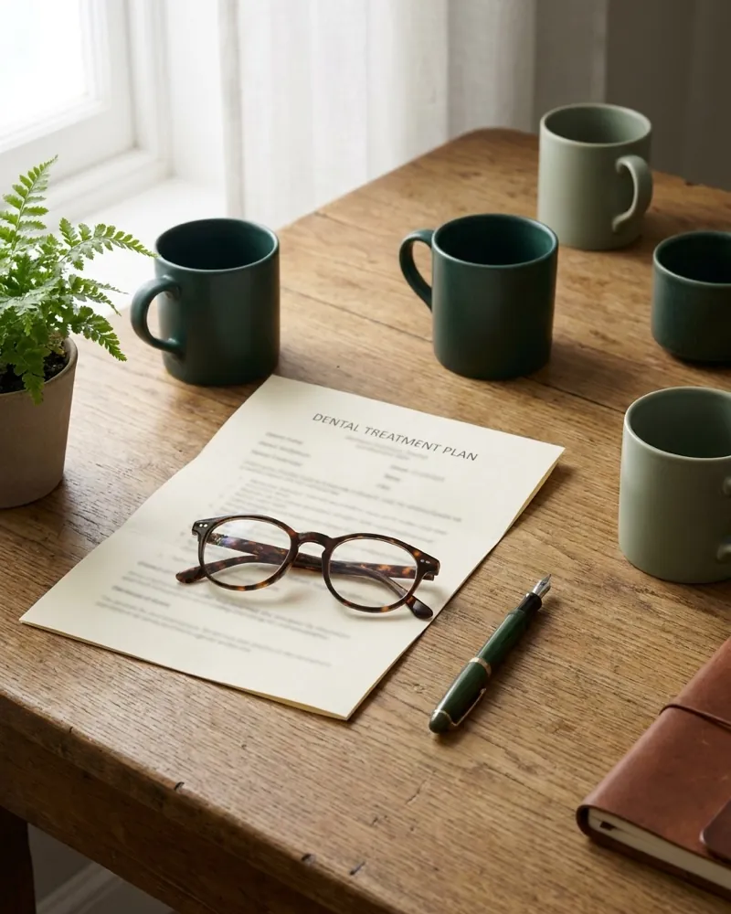A written treatment plan, reading glasses and pen on a desk