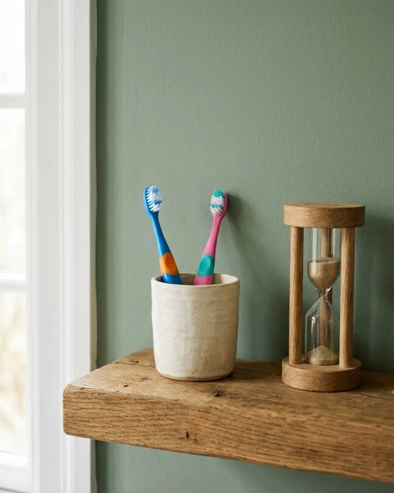 Children's toothbrushes in a cup beside a brushing timer