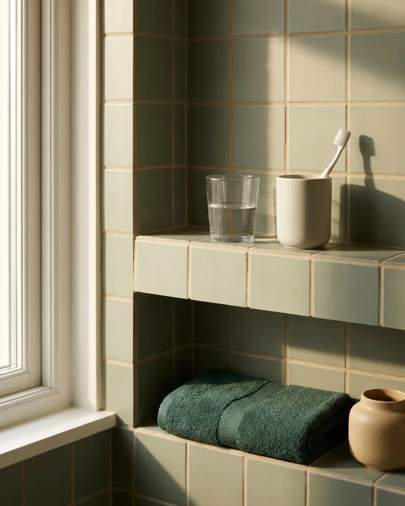 A glass of water and soft toothbrush on a bathroom shelf